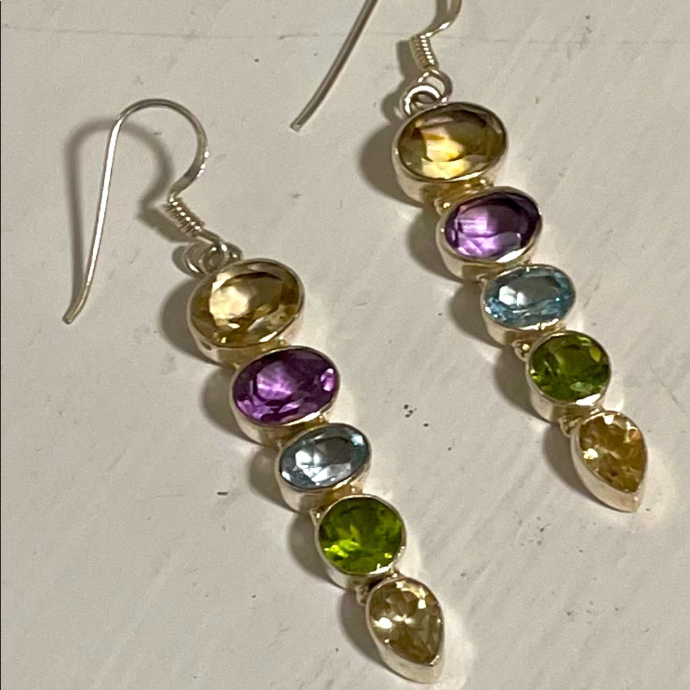 Genuine Multi Stone Sterling Silver Drop Earrings